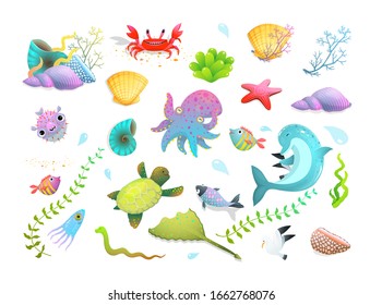 Cute kids sea creatures and animals set. Seashells, dolphin, sea star, fishes and squid, crab and other amusing underwater creatures. Vector cartoon collection.