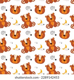 Cute kids seamless animal pattern. Drawing of a bear cub in the clouds. The concept of sleep. Printing on fabric, paper and design. Vector illustration