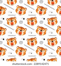 Patrón animal sin costura para niños. Dibujo de un cachorro de tigre. El concepto del sueño. Impresión en tela, papel y diseño. Ilustración del vector