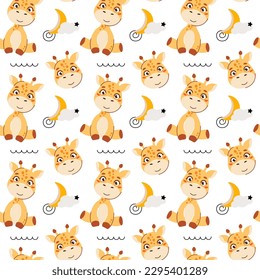 Cute kids seamless animal pattern. giraffe cub pattern in the clouds. Print on fabric, paper and design. Vector illustration
