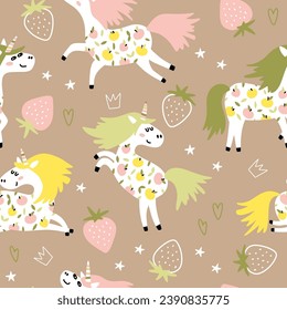 Los niños son pequeños, sin igual, con sus unicornios en tonos beige calmados con bayas y estrellas. Ilustración vectorial para prendas de vestir, papel pintado, cuadernos o envolturas para niños.