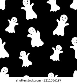 Cute kids seamless ghosts vector pattern. White smiling ghosts on black background. Children clothes template, for wrapping, textile, backdrop.