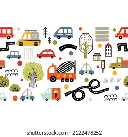 Cute kids seamless horizontal  border with cars on a white background.Can be used in textile industry, paper, background, scrapbooking.Vector