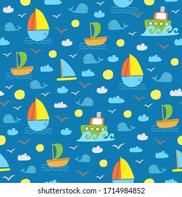 Cute kids seamless marine pattern with whales and ships. Summer sea vector print with boats and seagulls for boys textile. Funny travel on waves