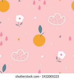 Cute kids seamless with oranges and flower pattern for print, textile, wrapping paper. Modern hand drawn pink background for girls.