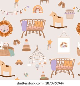 Cute kids seamless pattern with baby room decor in bohemian cartoon style. Editable vector illustration.