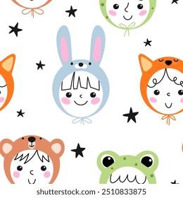 Cute kids seamless pattern with baby faces in hat with animal design in vector. Perfect for kids bedding, fabric, wallpaper, wrapping paper or textile.
