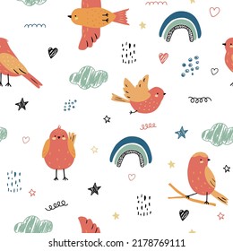 Rutsche Kinder nahtlose Muster mit Vögeln. Farbige kindliche, einfache Doodles von Regenbogenwolken. Vektorgrafik für Babytextilien, Drucke und Dekoration.