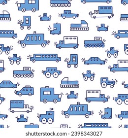 Cute kids seamless pattern with blue cars on a white background.Can be used in textile industry, paper, background, scrapbooking.Vector