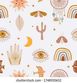 Cute kids seamless pattern with boho elements, eye, rainbow, hand, cactus, insect, moon, star, sun, mystical elements in cartoon style. Editable vector illustration.