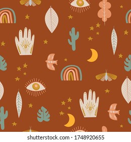 Cute kids seamless pattern with boho elements, eye, rainbow, hand, cactus, insect, moon, star, sun, mystical elements in cartoon style. Editable vector illustration.