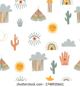 Patrón perfecto para niños con elementos boho, ojo, arcoiris, mano, cactus, insecto, luna, estrella, sol, elementos místicos en el estilo de las caricaturas. Ilustración vectorial editable.