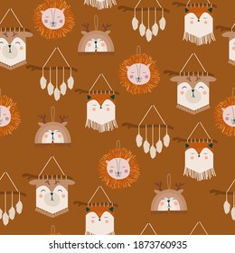 Cute Kids Seamless Pattern With Boho Macrame Wall Hanging In Cartoon Style. Editable Vector Illustration.