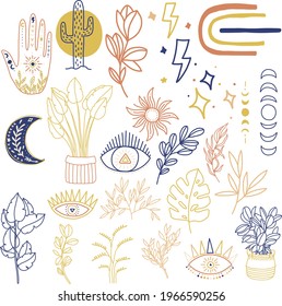 Cute kids seamless pattern with boho elements, eye, rainbow, hand, cactus, insect, moon, star, sun, mystical elements in cartoon style. Editable vector illustration.