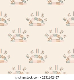Cute kids seamless pattern with boho sun flat cartoon style. Boho repeat background