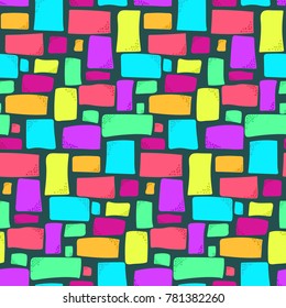 Cute kids seamless pattern with bright colorful rectangles on dark background. Abstract trendy vector texture with squares and rectangle shapes for textile, wrapping paper, cover, surface, wallpaper