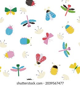Los niños pequeños son un patrón impecable con bichos y mariposas. Ilustración dibujada a mano por vectores.