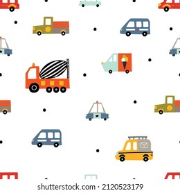 Cute kids seamless pattern with cars on a white background.Can be used in textile industry, paper, background, scrapbooking.Vector