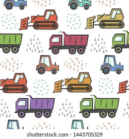 Cute kids seamless pattern with cartoon colorful industrial transport and abstract hand drawn shapes. Childish boys texture with dozer, tractor and dumper for textile, wrapping paper, wallpaper