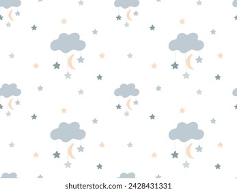 Cute kids seamless Pattern. Cartoon Clouds Moon and Stars. Newborn Baby doodle Background in pastel colors. Design element for wallpaper, Print on babies clothes. Nursery illustration