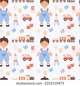 Cute kids seamless pattern. Children toys. Funny boy in shorts, train, clockwork car, puzzles and cubes on light blue background. Vector illustration in cartoon style