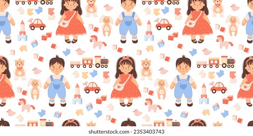 Cute kids seamless pattern. Children toys. Girl doll in red dress and boy in shorts, plush toys teddy bear and rabbit, train, car and cubes on white background. Vector illustration in cartoon style