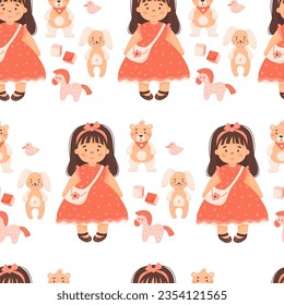 Cute kids seamless pattern. Children toys. Pretty girl doll in red dress with plush toys teddy bear and rabbit, horse, cubes and duck on white background. Vector illustration in cartoon style