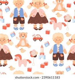 Cute kids seamless pattern. Children toys. Girl and boy doll, plush teddy bear, horse, duck, rattle, car and cubes on white background. Vector illustration in cartoon style