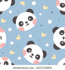 Cute kids seamless pattern design with panda face, yellow hearts and dots. Pastel blue pajama print, fabric and textile. 