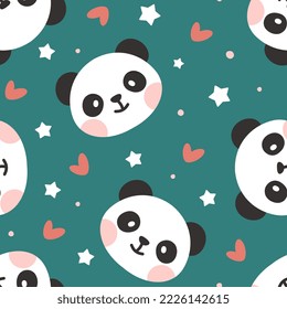 Cute kids seamless pattern design with panda face, red hearts and dots. Deep blue pajama print, fabric and textile. 