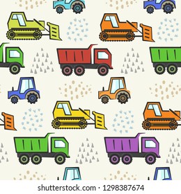 Cute kids seamless pattern with flat colorful industrial transport and abstract hand drawn shapes. Childish boys texture with cartoon dozer, tractor and dumper for textile, wrapping paper, wallpaper