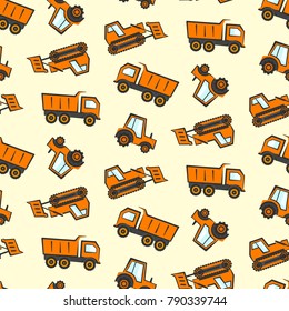Cute kids seamless pattern with flat orange industrial transport. Childrens boys background with cartoon dozer, tractor and dumper for textile, wrapping paper, package, wallpaper, web design
