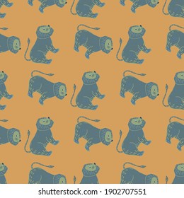 Pequeños niños sin fisuras con adorno de león azul dibujado a mano. Fondo beige. Fondo creativo. Diseño gráfico para envolver texturas de papel y tela. Ilustración vectorial.