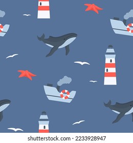 cute kids seamless pattern with lighthouse, whale, ship and starfish