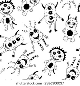 Cute kids seamless pattern with monsters in doodle style
