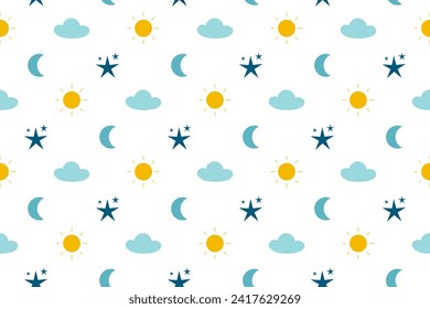 Patrón de niños sin problemas con la luna, el sol y las estrellas. Fondo brillante día y noche. El fondo del cielo nublado. Papel De Fondo De Pantalla Repetido Y Encantador Para Niños.
