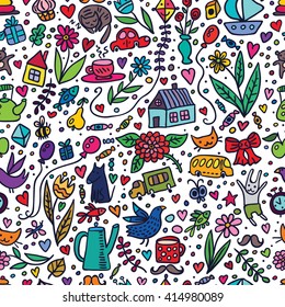 Cute kids seamless pattern with nice things. Joyful bright vector background.