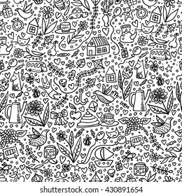 Los niños pequeños, sin fisuras, con cosas agradables. Fondo vectorial de contorno alegre.