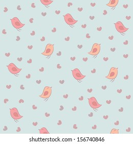 Cute kids seamless pattern with pink birds and hearts on a blue background. Vector background