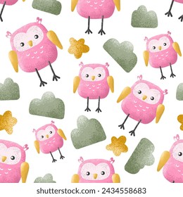 Cute kids seamless pattern with pink cartoon owls, vector childish background