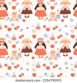 Cute kids seamless pattern. Pretty girl doll with children toys, plush teddy bear, cubes and duck on white background. Vector illustration in cartoon style. kids collection