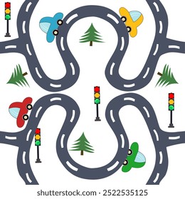 Cute kids seamless pattern with roads and hand drawn cars. Can be used for children's carpet, textiles, board game pattern for boys.