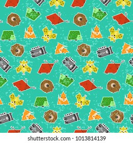 Cute kids seamless pattern with textured geometrical animals. Square elephant, rectangular raccoon, triangular fox in sticker style. Nice characters texture for textile, wrapping paper, cover