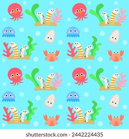 Cute kids seamless pattern Under the sea party blue vector illustration