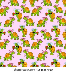 Cute kids seamless pattern with underwater lovers turtles.Vector cartoon illustration.Design textile.Repeated texture with sea cartoon characters. Colorful childish pink background.Ocean animals.