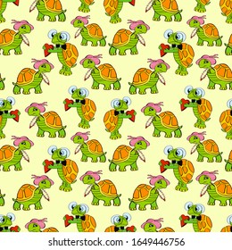 Cute kids seamless pattern with underwater lovers turtles.Vector cartoon illustration.Design wallpaper,textile.Repeated texture with sea cartoon characters. Colorful childish background.Ocean animals.
