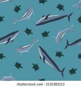 Cute kids seamless pattern with whales, dolphins and turtles, made in vector. Sea life pattern for fabric, textile.