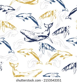 Cute kids seamless pattern with whales, dolphins and turtles, made in vector.  Sea life pattern for fabric, textile.