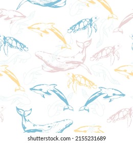 Cute kids seamless pattern with whales, dolphins and turtles, made in vector.   Flat cartoon illustration