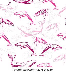 Cute kids seamless pattern with whales, dolphins and turtles, made in vector.  Sea life pattern for fabric, textile.
